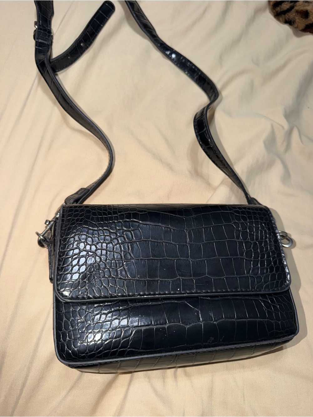Classic Black Croc-Embossed Crossbody Bag